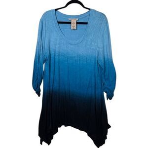 Philosophy Blue Ombre Tunic Sharkbite Hem Asymmetric Ruched Sleeve Size XL
